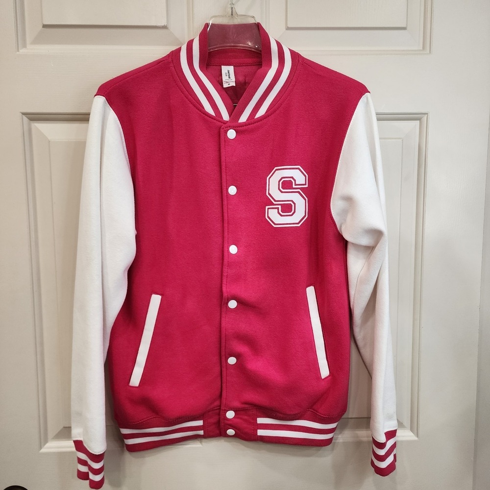 Letterman Bomber Jacket Fleece Varsity Small Pink by Just Hoods Letter S Graphic